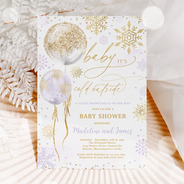 Snowflake Baby Shower Winter Lila & Guld Inbjudningar (Skapare uppladdad)