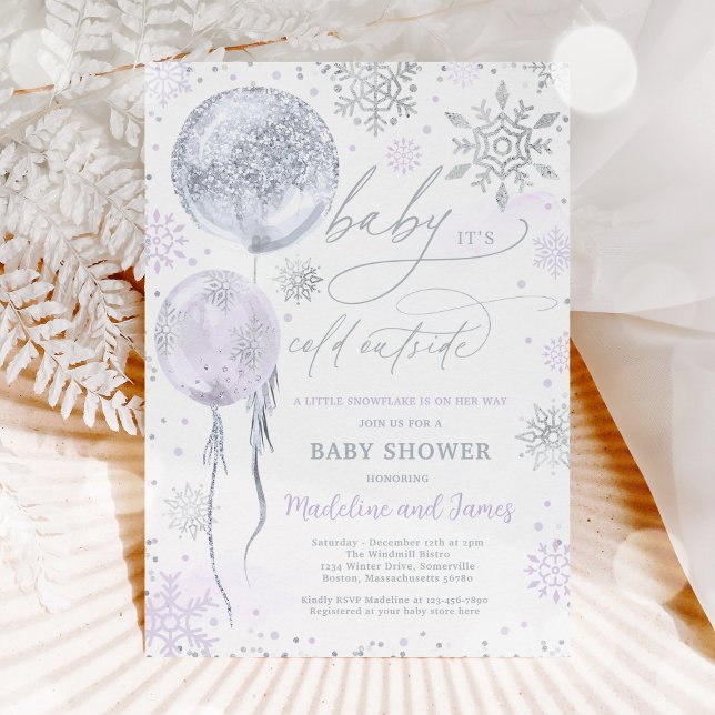 Snowflake Baby Shower Winter Lila & Silver Inbjudningar (Skapare uppladdad)
