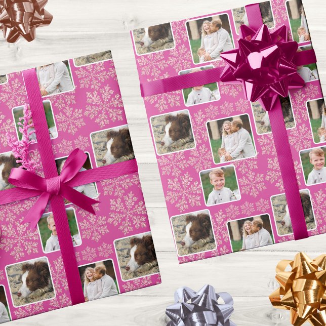 Snowflake Berry Bling 3 Photo Collage jul Presentpapper (Add 3 of your pictures to this photo wrapping paper in chic dark pink and faux glitter snowflakes)