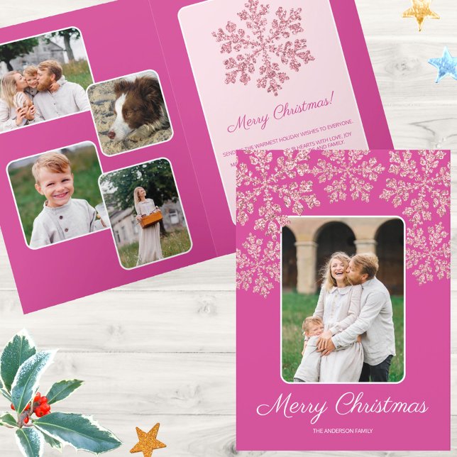 Snowflake Berry Bling Trendig Chic 5 Photo Helgkort (Personalized 5 photo greeting cards in deep berry pink with faux glitter snowflakes)