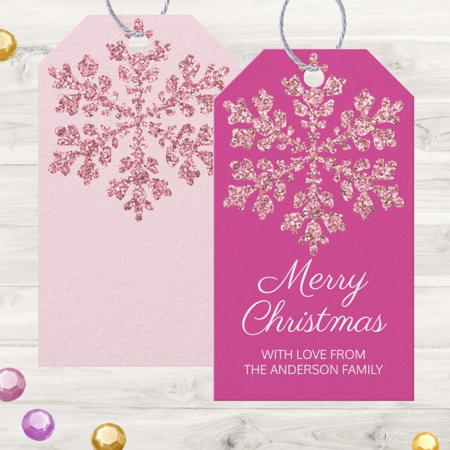 Snowflake Berry Bling Vackert färgad jul Presentetikett (Christmas gift tags in rich raspberry pink with a faux glitter snowflake and your custom text)