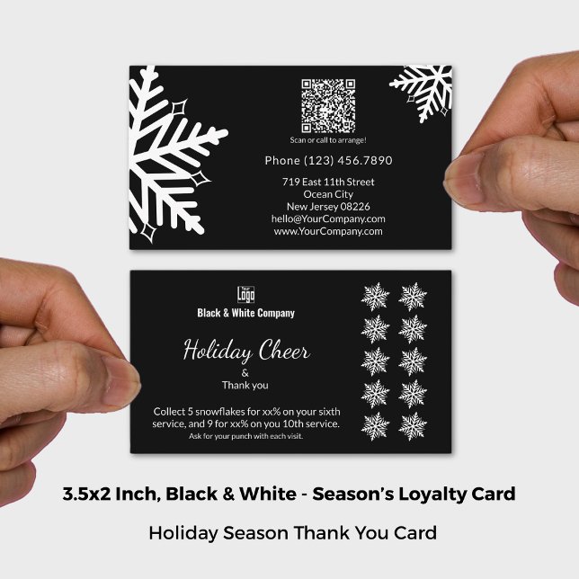 Snowflake Black & White Helgdag Tack och Slå Lojalitetskort (Snowflake Black & White Holiday Thank you & Punch Loyalty Card; Size 3.5x2 Inch (US))