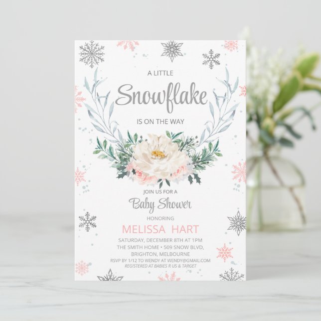 Snowflake Blommigt Winter Girls Baby Shower Inbjudningar (Stående Fram)