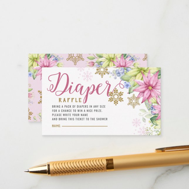 Snowflake-Blommigten Diaper Raffle Baby Shower Tilläggskort (Fram/Back In Situ)