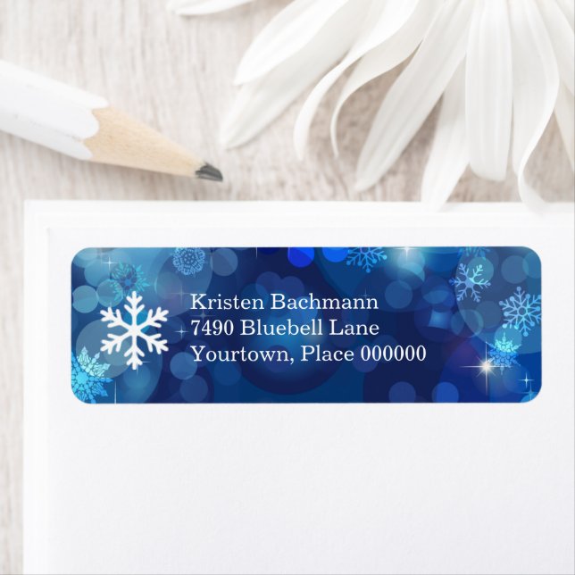Snowflake Blue Bokeh Winter Returadress Etikett (Insitu)