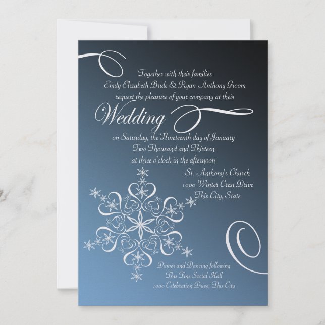 Snowflake Blue Elegance Winter Wedding Inbjudningar (Framsida)