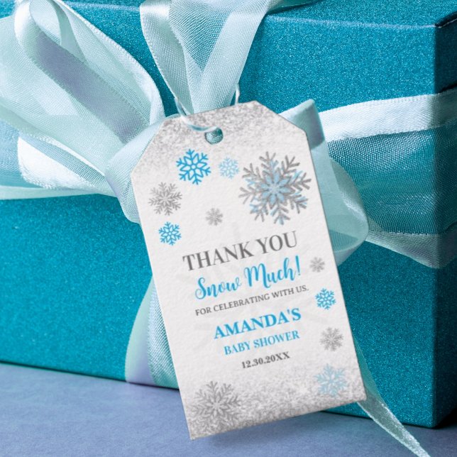 Snowflake Blue & Silver Baby Shower Thank You  Presentetikett (Skapare uppladdad)