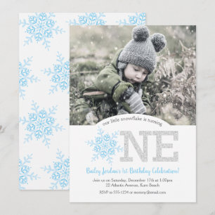 Snowflake Blue & Silver Glitter 1:a födelsedagsfot Inbjudningar