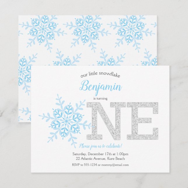 Snowflake Blue Silver Glitter Winter 1:a födelseda Inbjudningar (Fram/baksida)