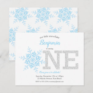 Snowflake Blue Silver Glitter Winter 1:a födelseda Inbjudningar