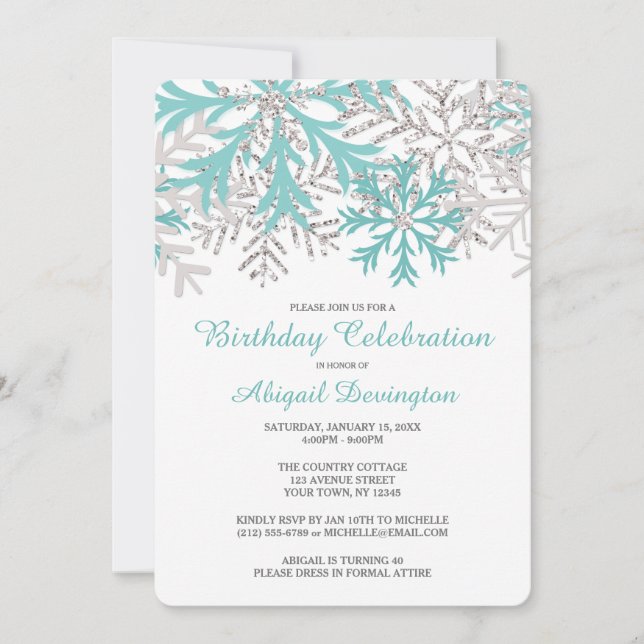 Snowflake Blue Teal Silver Winter Birthday-Inbjudn Inbjudningar (Framsida)