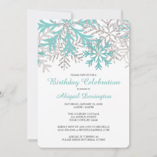 Snowflake Blue Teal Silver Winter Birthday-Inbjudn Inbjudningar
