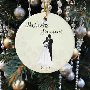 Snowflake Bride Groom Ny gifta, mrs Date Julgransprydnad Keramik