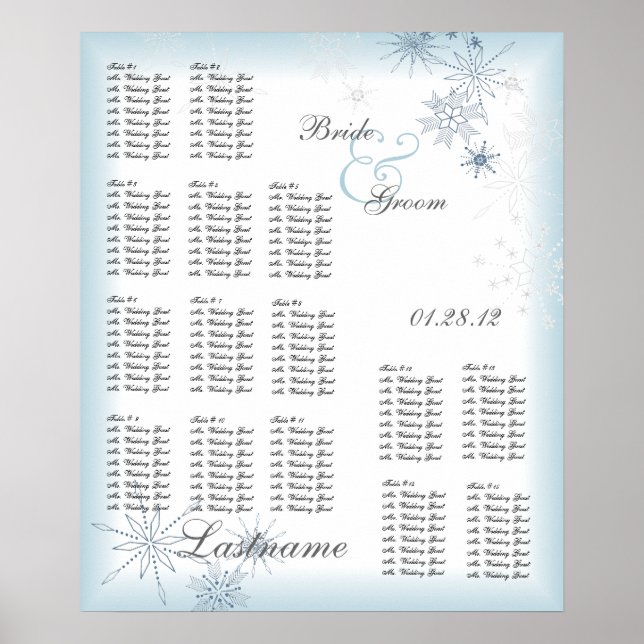 Snowflake Bröllop Sittplatsdiagram Ice Blue Poster (Framsidan)