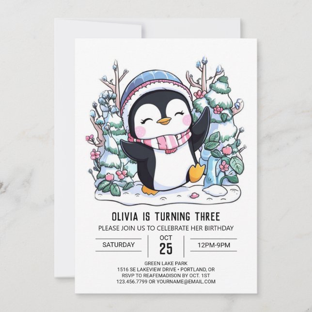 Snowflake Cute Penguin Digital Birthday Inbjudningar (Framsida)