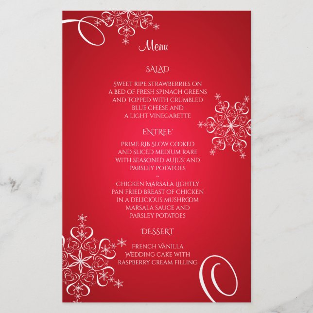 Snowflake Elegance Bröllop Menu Red (Framsida)