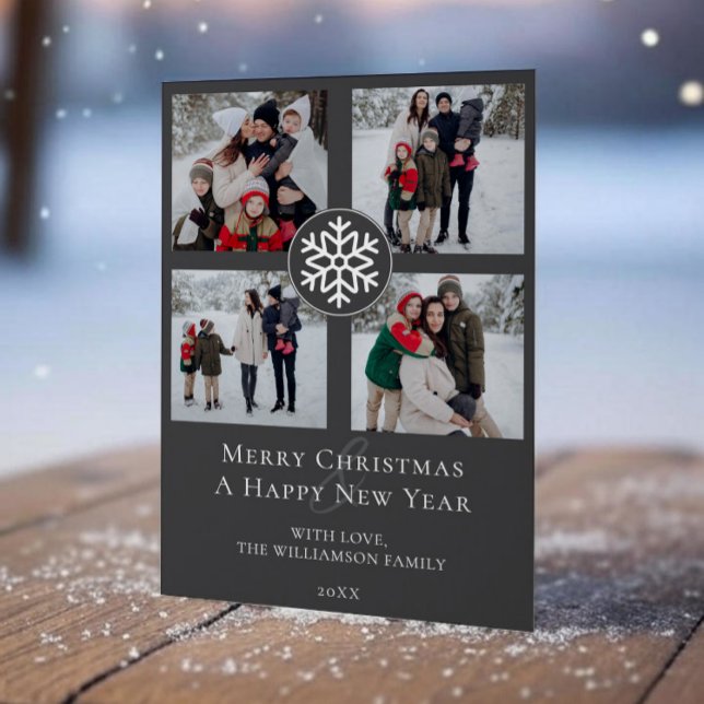 Snowflake Emblem Fotocollage | Kolgrå Julkort (Gray Snowflake Emblem Photo Collage Holiday Photo Card)