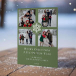 Snowflake Emblem Photo Collage | Grönt Julkort<br><div class="desc">Fira säsongen med en personlig beröring med den här Grönten Snowflake Emblem Four Photo Collage Helgdag Card. Med plats för dina favoritfoton i familjen framhävs designen av ett känsligt snöflingemlem som tillför en festlig, vindruvscharm. Ett glatt "God jul" och varmt "Gott nytt år"-budskap är formaterat i modern typografi och skapar...</div>