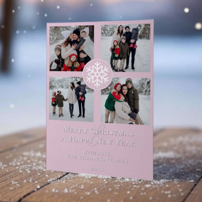 Snowflake Emblem Photo Collage | Rosa Julkort (Pink Snowflake Emblem Photo Collage Holiday Photo Card)