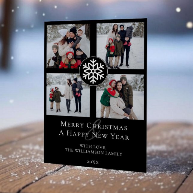 Snowflake Emblem Photo Collage | Svart Julkort (Black Snowflake Emblem Photo Collage Holiday Photo Card)