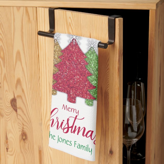 Snowflake från den rödröda grönten Julgran Kökshandduk (Thirds Fold)