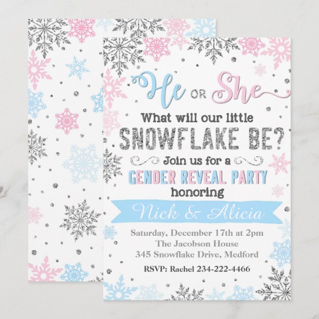 Snowflake Gender Reveal-inbjudan Inbjudningar (Fram/baksida)
