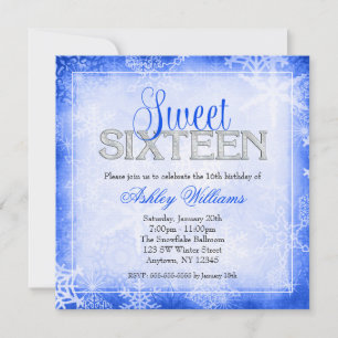 Snowflake Gnistra Blue Winter Wonderland Sweet 16 Inbjudningar