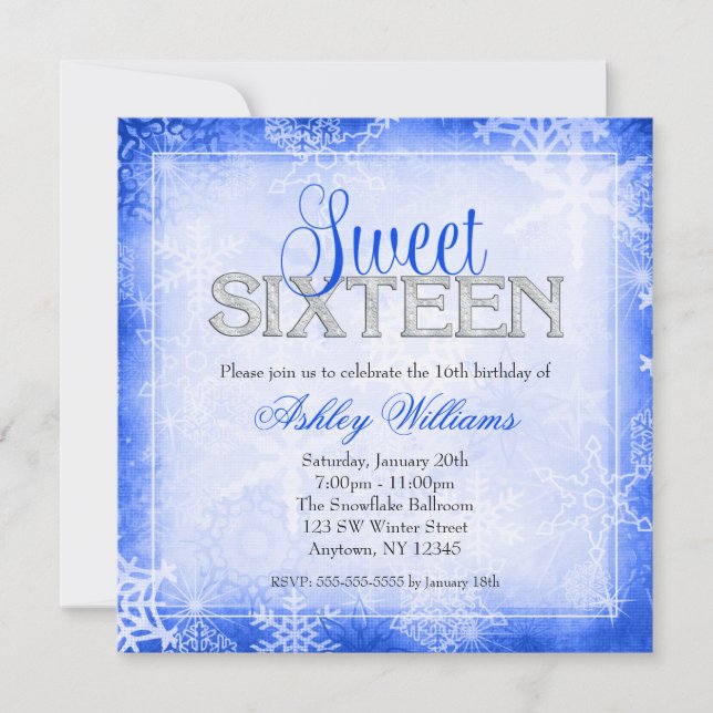 Snowflake Gnistra Blue Winter Wonderland Sweet 16 Inbjudningar (Framsida)
