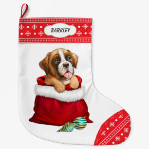 Snowflake Gräns Boxer Puppy Hund Gift Surprise Stor Julstrumpa