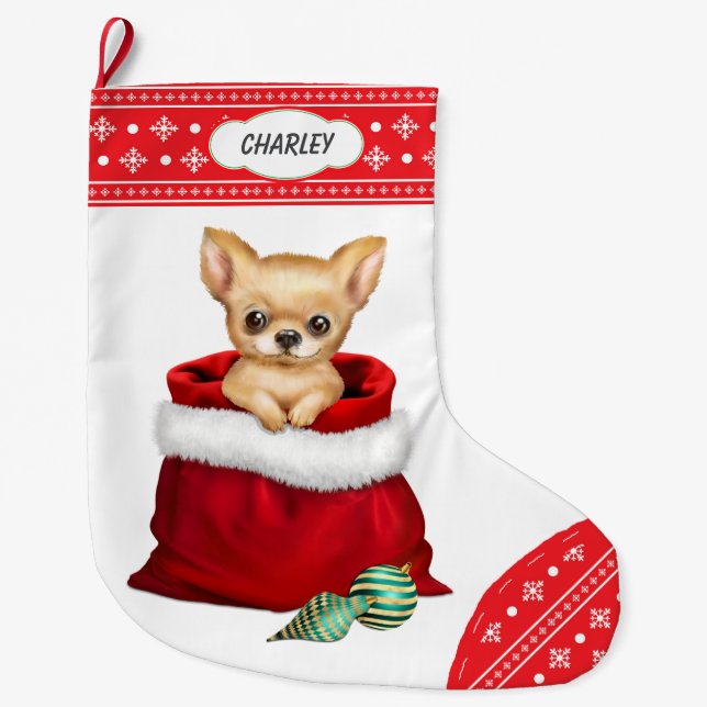 Snowflake Gräns Chihuahua Puppy Gift Surprise Stor Julstrumpa (Framsidan)