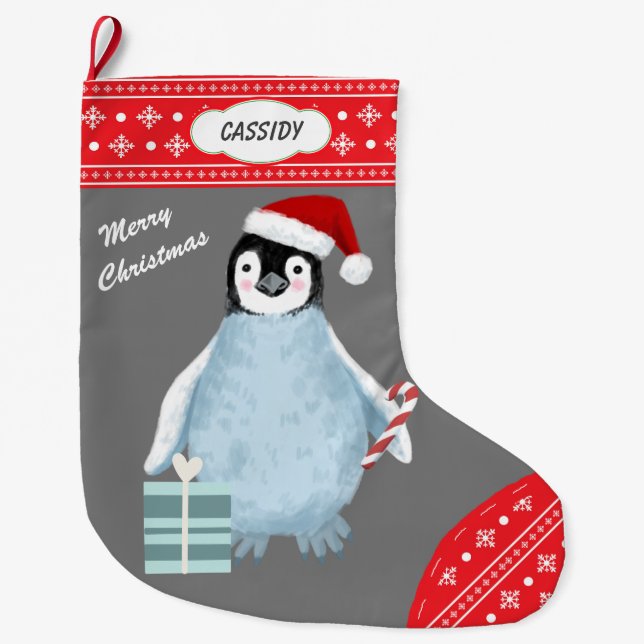 Snowflake Gräns Cute Penguin Candy cane Stor Julstrumpa (Framsidan)