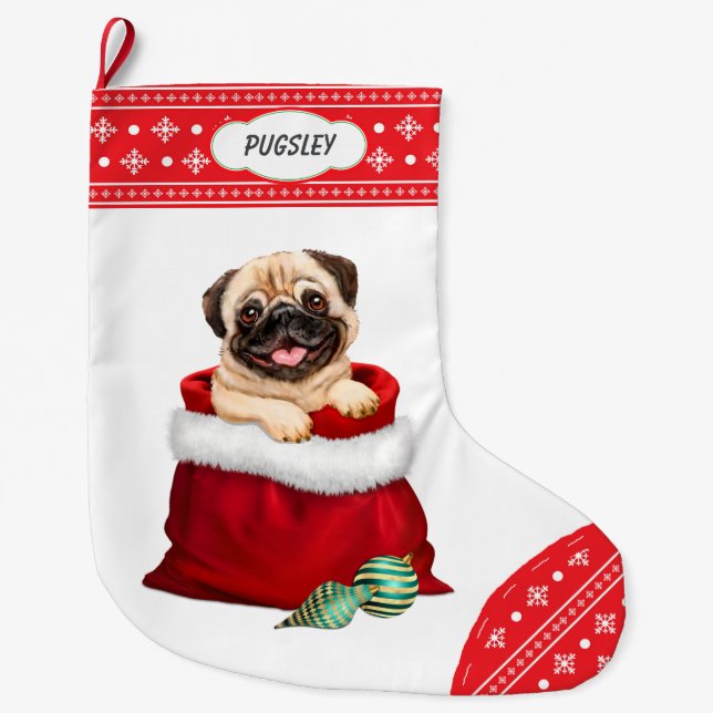 Snowflake Gräns Pug Gift-överraskning Stor Julstrumpa (Framsidan)