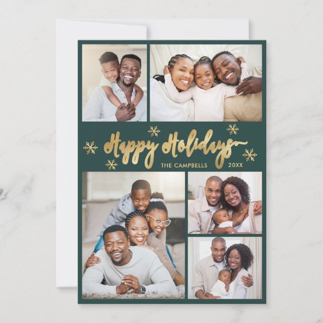 Snowflake Green and Gold 5 Photo Collage Christmas Julkort (Framsida)