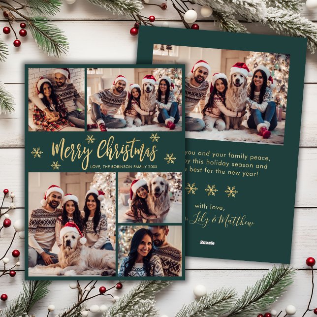 Snowflake Grönt och Guld 5 Photo Collage jul Julkort (Skapare uppladdad)