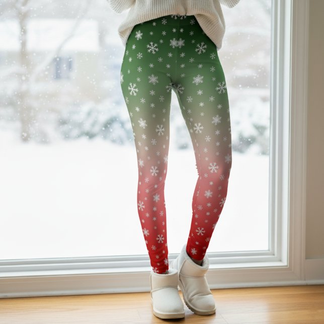 Snowflake Grönt & Red Ombre Jul Leggings (Snowflake Green & Red Ombre Christmas Leggings
)