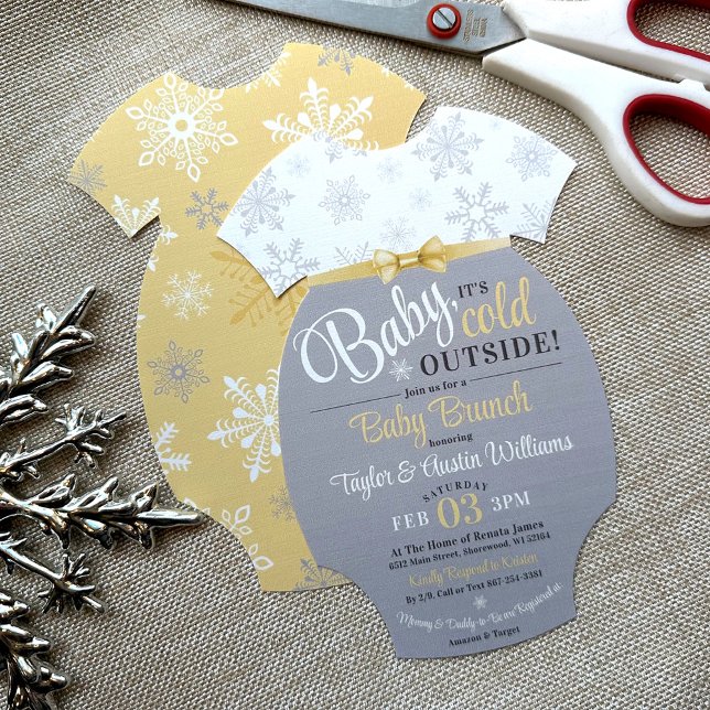 Snowflake-Gulten Baby Bodydress Shower Inbjudningar (DIY Cut Out Your Own Baby Bodysuit Shape Invite, Baby It's Cold Outside, yellow Gray, gender neutral)