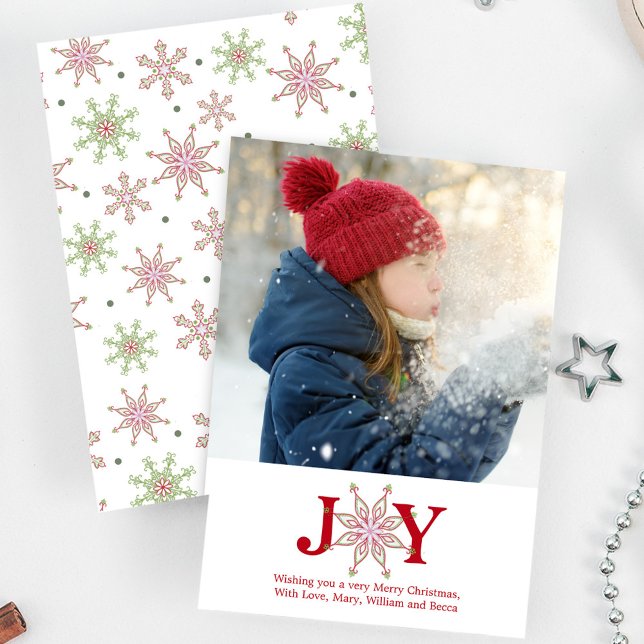 Snowflake Joy Jul Photo Card Cute 1 Photo Julkort (Joy typography photo card with red and green snowflake pattern,)