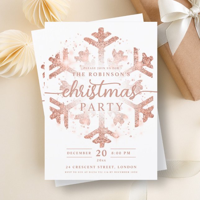 Snowflake-julen i Guld-Ro Inbjudningar (Festive Rose Gold Winter Snowflake Christmas Invitation)