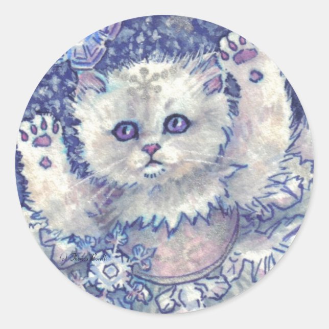 Snowflake Kitten Stickers Runt Klistermärke (Framsida)