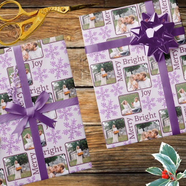 Snowflake Lila Glam 3 Photo Collage jul Presentpapper (Create your own photo wrapping paper with purple snowflakes and a little faux glitter Christmas glam)