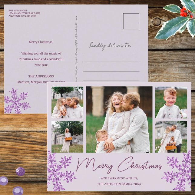 Snowflake Lila Glam 5 Family Photo jul Helg Vykort (Purple snowflakes & 5 photos on Christmas postcards customized by you for a jolly holiday)