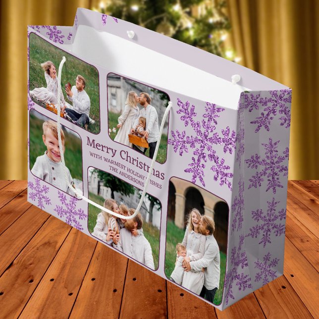Snowflake Lila Glam 5 Photo Collage jul (Add your photos to this custom Christmas gift bag in purple with faux glitter snowflakes for glam)
