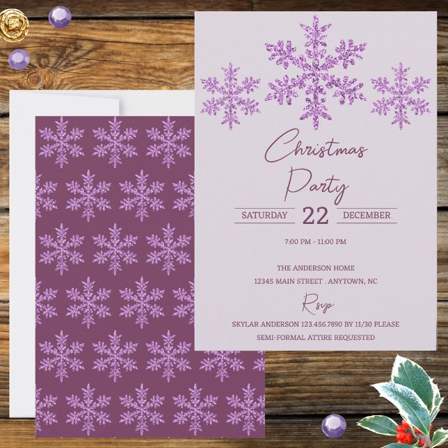 Snowflake Lila Glam Elegant - julhelg (Trendy purple snowflakes Christmas Party invitations personalized by you for your holiday gala)