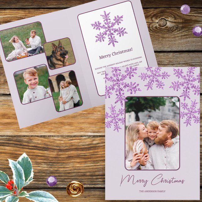 Snowflake Lila Glam Trendig  Script Chic 5 Photo Helgkort (Your five photos and text will make these faux purple glitter snowflake Christmas cards unique)