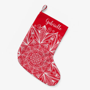 Snowflake Mandala Calligraphy Namn Red and White Liten Julstrumpa