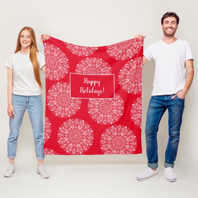 Snowflake Mandala Mönster Lycklig Helgdag Red Wint Fleecefilt (På plats)