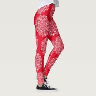 Snowflake Mandala Red and White Winter Mönster Leggings