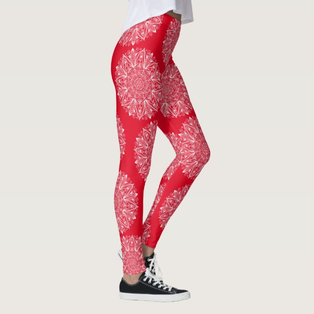 Snowflake Mandala Red and White Winter Mönster Leggings (Höger)
