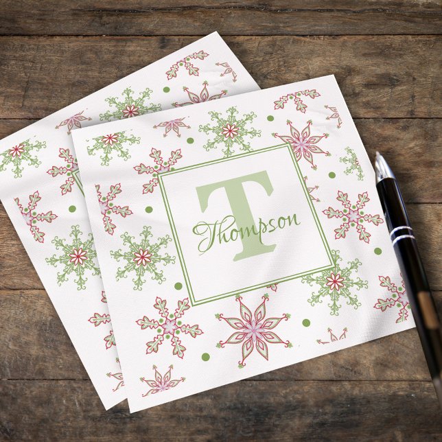 Snowflake Monogram Colorful Helgdag jul Pappersservett (Merry Christmas whimsical colorful snowflakes paper napkins. )