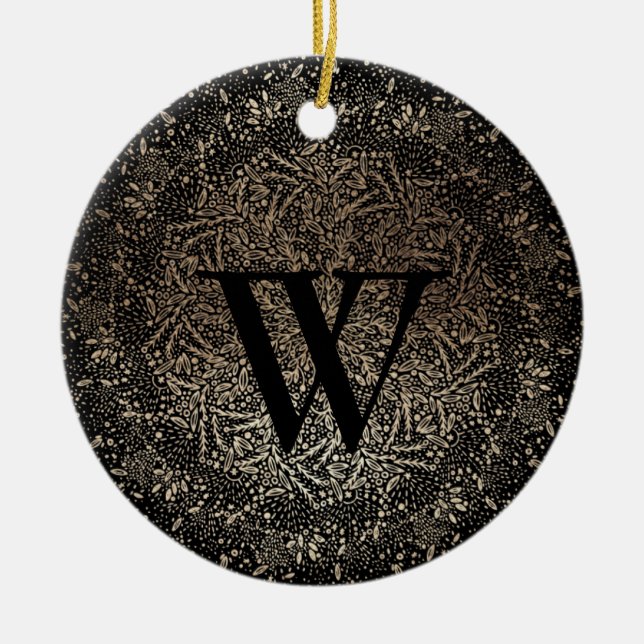 Snowflake Monogram Winter Black Guld Gnistra Julgransprydnad Keramik (Framsidan)